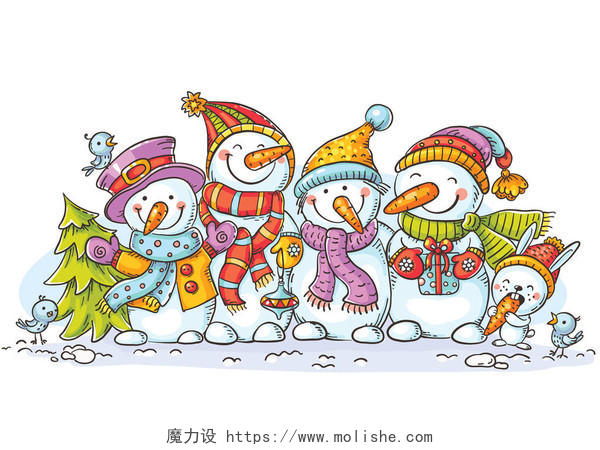 快乐多彩的雪人与圣诞饰品